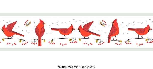 Red cardinal birds cute seamless vector border. Birdwatching, bird feeding minimal design illustration. Red Northern cardinal, comic cartoon frame. Winter birds of backyard, city garden scavenger sign