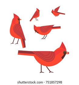 Red Cardinal birds icon set. Freehand cartoon cute style. Winter birds of city garden, parks collection. Stylized animal emblem. Element for banner background. Vector design of advertisement label