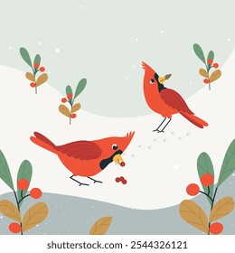 Red cardinal birds on snow poster flat vector illustration. Cartoon cute northern cardinal birds eating winter background. New year or Christmas event banner. Bird feeding minimal design, winter birds