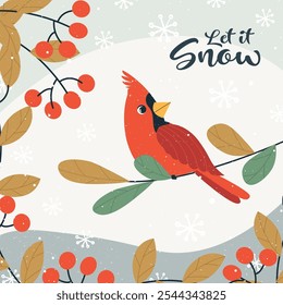 Red cardinal birds poster flat vector illustration. Cute cartoon winter backyard birds. Let it snow lettering. Red northern cardinals on snow background. New year event banner, Christmas greeting.