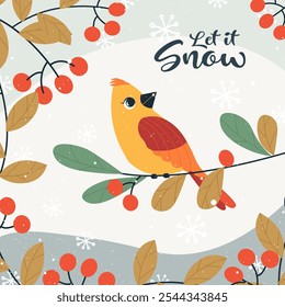 Red cardinal birds poster flat vector illustration. Cute cartoon winter backyard birds. Let it snow lettering. Red northern cardinals on snow background. New year event banner, Christmas greeting.