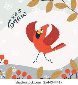 Red cardinal birds poster flat vector illustration. Cute cartoon winter backyard birds. Let it snow lettering. Red northern cardinals on snow background. New year event banner, Christmas greeting.