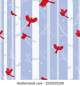 Red cardinal birds seamless pattern in winter forest.