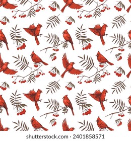 Red cardinal and branches. Seamless pattern design. vector birds illustration