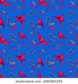 Red cardinal and branches. Seamless pattern design. vector birds illustration