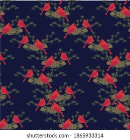 Red cardinal larch green tree branch red seamless pattern on dark blue art design stoock vector illustration for web, for print, for fabric print, for wrapping paper