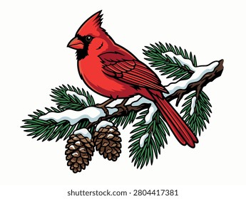 Red cardinal perched on snowy evergreen branch with pinecones creating vivid winter wildlife holiday atmosphere