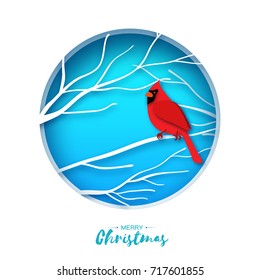 Red cardinal sitting on a branch. Merry Christmas Greeting Card.Bird sitting on a birches branch in paper cut style. Origami Fall winter. Happy holidays. Blue background. Vector