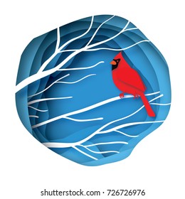Red cardinal sitting on a branch. Merry Christmas Greeting Card.Bird sitting on a birches branch in paper cut style. Origami Fall winter. Happy holidays. Layered Blue background. Vector illustration.