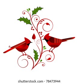 red cardinals with christmas flourish