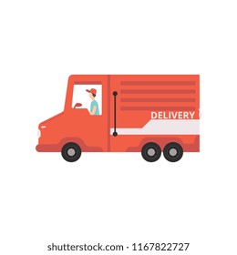 Red cargo delivery van with courier, fast shipping concept vector Illustration on a white background