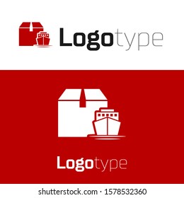 Red Cargo ship with boxes delivery service icon isolated on white background. Delivery, transportation. Freighter with parcels, boxes, goods. Logo design template element. Vector Illustration