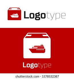 Red Cargo ship with boxes delivery service icon isolated on white background. Delivery, transportation. Freighter with parcels, boxes, goods. Logo design template element. Vector Illustration