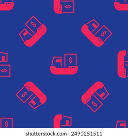 Red Cargo ship with boxes delivery service icon isolated seamless pattern on blue background. Delivery, transportation. Freighter with parcels, boxes, goods.  Vector