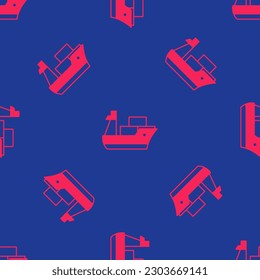 Red Cargo ship icon isolated seamless pattern on blue background.  Vector