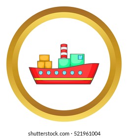 Red cargo ship vector icon in golden circle, cartoon style isolated on white background