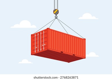 A red cargo shipping container being lifted by a crane against a light blue sky with clouds