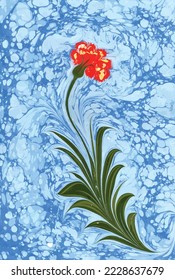 Flor de clavel roja y decoración vectorial de fondo de mármol azul. Técnica de la escritura tradicional turca