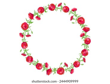 Red carnation flower circular frame design. Vector illustration. The blank space in the middle is text space. White background.