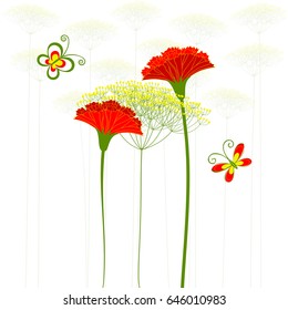 Red Carnation Flower, Dandelion and Butterfly Background