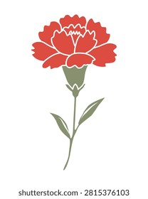 Red carnation flower with green stem and leaves in flat illustration for Mothers Day and teacher appreciation gift