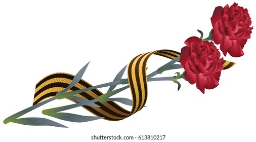 Red carnation flower and St. Georges ribbon. Symbol of Victory Day. Isolated on white vector illustration
