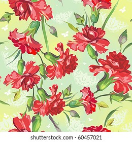 Red Carnations on green background with butterflies. Floral vintage seamless pattern.