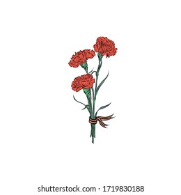 Red carnations with St. George ribbon. Victory Day symbol