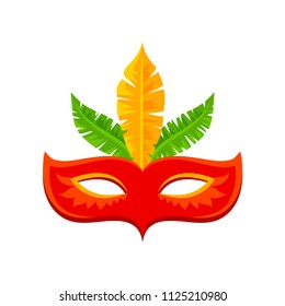 Red carnival mask with feathers, celebration party symbol vector Illustration on a white background