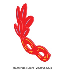 Red carnival mask with feathers is lying on white background, party supplies concept