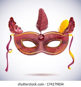 Red carnival mask with feathers, Masquerade party mask