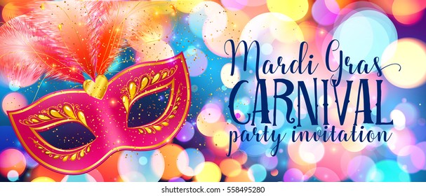 Red carnival mask with feathers on shining bokeh lights, vector Mardi Gras invitation card template