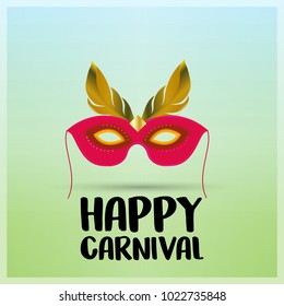 Red carnival mask with golden feathers on green background having black typography
