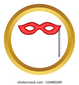 Red carnival mask vector icon in golden circle, cartoon style isolated on white background