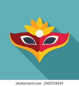 Red carnival mask with yellow feathers, celebration concept, flat design icon with long shadow