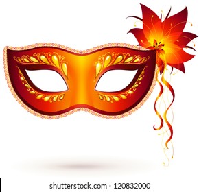 Red carnival venetian mask with feather flower and ribbons