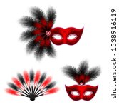 Red carnival venetian mask, masquerade feather fan, isolated on white background