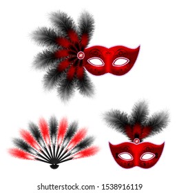 Red carnival venetian mask, masquerade feather fan, isolated on white background