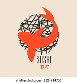 Red Carp And Astrakhan Grug. Logo, Branding, Sushi Restaurant, Asian Cuisine. Vector Abstract Icon.