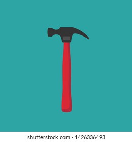Red carpenter hammer. Handyman, locksmith, joiner claw hammer tool for repair and maintenance. Flat icon isolated on blue. Vector illustration.