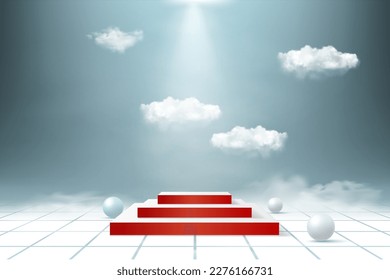 Red carpet background in a realistic style; Podium scene with geometric shape platform on background sky and clouds stage studio product