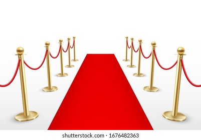 Red carpet with barriers, event celebration and award ceremony. Celebrity festival entrance for famous guests. Vector illustration