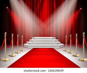 Red carpet celebrities event realistic composition with white stairs podium spotlights carmine satin curtain background vector illustration