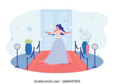 Red Carpet. Ceremonial Occasion. Starry Young Bright Brunette, Celebrity in Luxurious Skew Neck Long Sleeved Evening Dress, Posing, Attending Important Event. Festively Decorated VIP Zone.