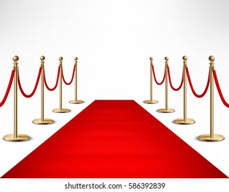 Red carpet ceremonial vip event  or head of state visit realistic image with gold barriers vector illustration 