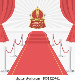 Red Carpet Of Cinema Award Event. Red Carpet Stage With Curtain.