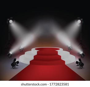 Red carpet colored realistic concept with lights round podium and white stairs vector illustration