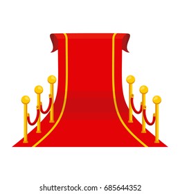 Red carpet entrance on event for vip person. Award podium for famous and celebrities, winner, actor, producer and businessmen. Flat vector cartoon illustration. Objects isolated on white background.
