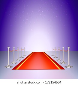 Red carpet entrance with the stanchions and the ropes. Polished pillars with rope