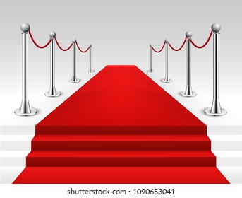Red carpet event silver barriers background and stairs realistic vector illustration. Red carpet luxury entrance celebrity event presentation.
